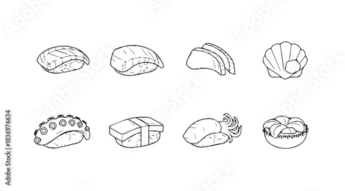 Hand drawn line art collection of diverse sushi rolls and sashimi on a white canvas vector