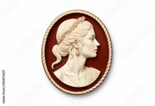 Elegant Relief Carving of a Woman with Intricate Hairstyle, Adorned Jewelry in Ornate Oval Frame Featuring Rope Design