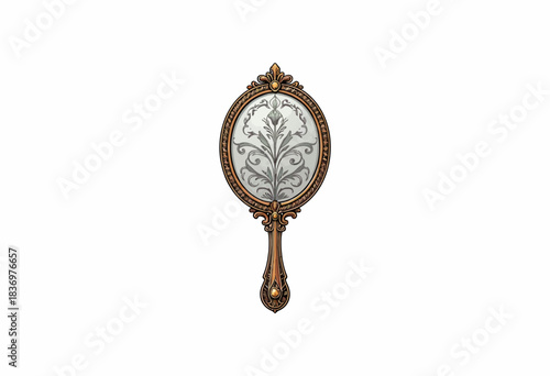 Ornate Vintage Hand Mirror with Intricately Etched Floral Design in Golden Frame and Elegant Handle on White Background