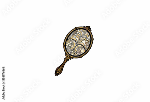 Ornate Victorian Style Handheld Mirror with Intricate Swirling Gold Leaf Design Emphasizing Timeless Elegance and Artistic Craftsmanship