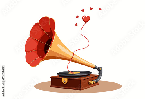 Vintage phonograph illustration featuring a classic vinyl record player with a red horn and floating heart symbols symbolizing music and love connection