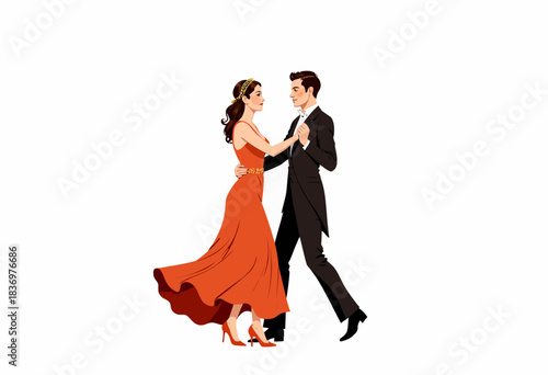 Elegant couple gracefully dancing in formal attire capturing romance and movement against a minimalist background with timeless fashion and charm