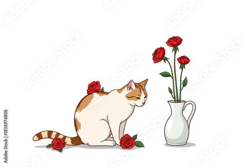 Illustration of a curious cat surrounded by red roses observing a vase filled with elegantly arranged blooming flowers over a crisp white background