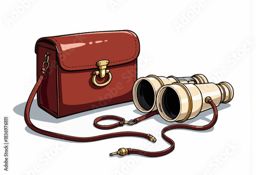 Elegant vintage binoculars with intricate details alongside a sophisticated leather carrying case showcasing timeless design and functionality