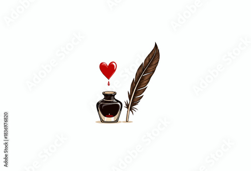 Elegant Quill and Inkwell Imagery with a Heart Motif Depicting the Timeless Art of Writing and Expressing Emotions Through Classic Tools
