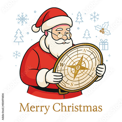Santa claus holding a compass and looking for directions with festive holiday symbols isolated on white background