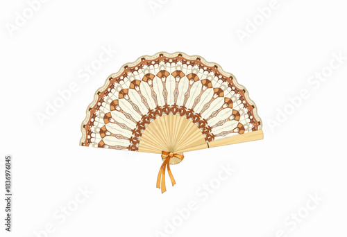 Intricate Handcrafted Folding Fan with Ornate Lace Patterns and Elegant Bow in Earthy Tones Celebrating Traditional Artistry and Cultural Elegance