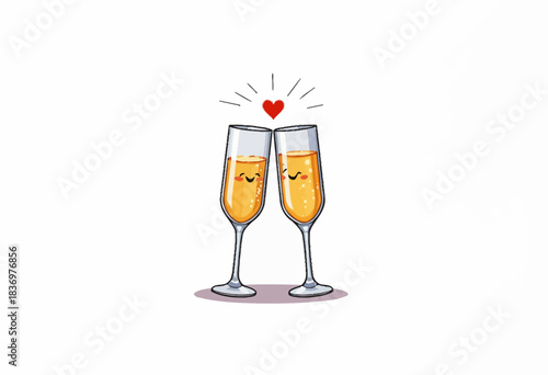 Charming Illustration of Two Clinking Champagne Flutes with Smiling Faces and a Red Heart Signifying Celebration and Joy on a White Background