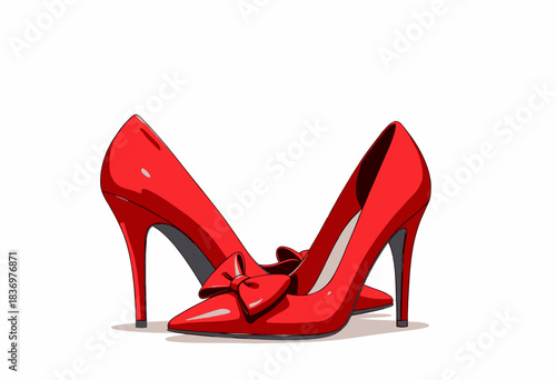Elegant Pair of Red High Heels with Decorative Bow on Smooth Surface with Reflective Shine Depicting Glamour and Fashion Statement
