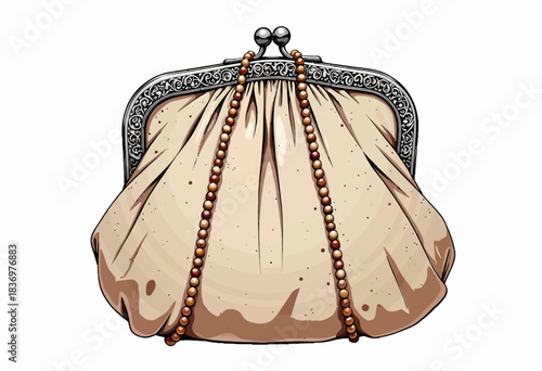 Elegant Vintage Coin Purse with Ornate Metal Clasp and Beaded Strap, Showcasing a Classic Design with Intricate Details for Timeless Style