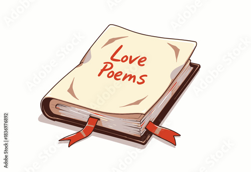 Illustration of a Romantic Love Poems Book with Red Bookmarks Highlighted on Its Pages for Poetry Enthusiasts and Literary Romance Lovers