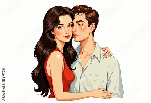 Illustration of a Romantic Couple Embracing with Affectionate Expressions and Elegant Fashion, Portraying a Warm and Intimate Bond in a Vibrant Style