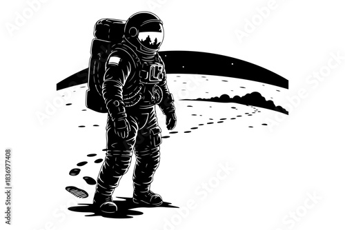 A solitary astronaut takes a momentous step on an alien world, leaving a trail of footprints across the stark, uncharted lunar landscape under a distant planet's glow