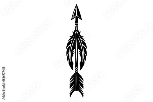 Stylized black and white vector illustration of an intricately designed arrow with detailed feather fletching and a sharp arrowhead, representing focus, ancient traditions, and directional progress