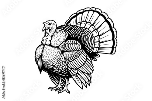 Elegant hand-drawn illustration depicting a traditional turkey, ideal for seasonal celebrations, harvest festivals, and culinary themes, showcasing a majestic bird in classic line art style