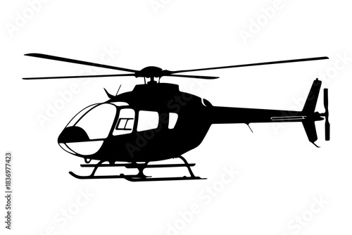 Silhouette of a modern helicopter in flight against a white background, showcasing its sleek design and powerful rotors