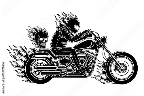 Illustration of a person riding a motorcycle with flames coming out of the exhaust and around the rider's head