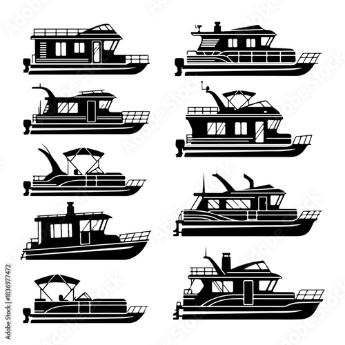 Silhouettes of diverse houseboats and pontoon boats, perfect for illustrating themes of water recreation, leisure, and travel on lakes, rivers, and coastal waters