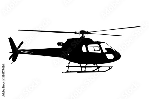 Sleek black silhouette of a modern helicopter, depicted in a clear side profile against a pristine white background. An isolated vector graphic symbolizing air travel and rapid transit