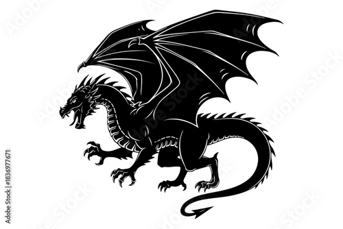 A striking black silhouette of a powerful winged dragon, symbolizing ancient legends, strength, and mythical fantasy creatures in a captivating graphic design