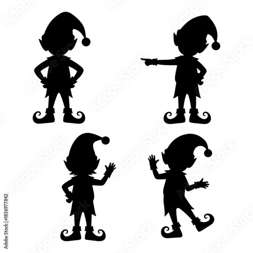 Silhouettes of four elves in various playful poses, highlighting Christmas and holiday spirit