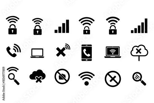Set of Various Technology and Internet Connection Icons - Secure Network, Call, Laptop, Wi-Fi, Cloud, Signal Strength, Search, and No Connection Symbols