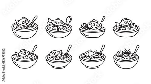 Collection of hand drawn bowls filled with food and small fish elements vector