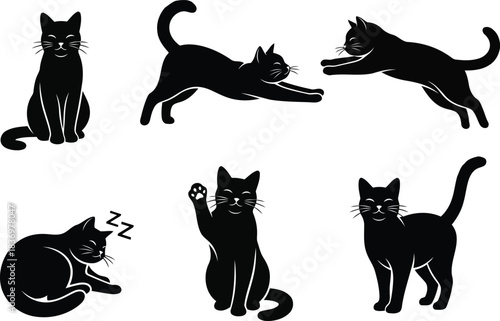 Collection of charming black cat silhouettes, capturing their playful and graceful movements in various poses and activities