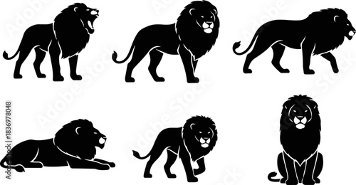 Set of black lion silhouettes with various poses, showcasing majestic animals in a graphic illustration style, perfect for design projects and animal-themed content