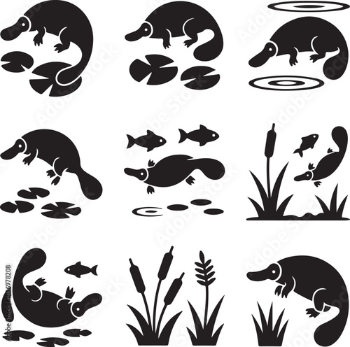 Black and white platypus vector icons collection for graphic design elements