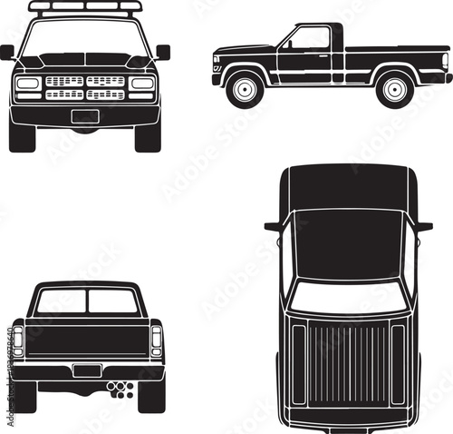 Black pickup truck vector illustration front side back and top views