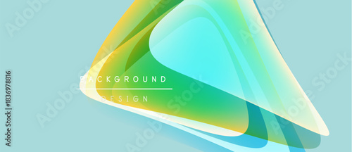 Abstract flowing shapes, vibrant colors blend. Gradient design creates dynamic visual effect. Light blue background complements composition.
