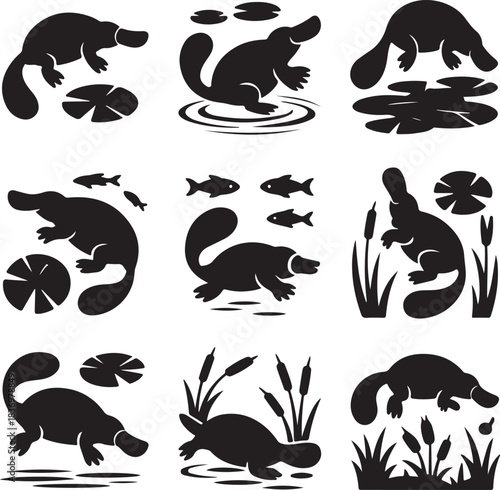 Black silhouette platypus set vector illustration for logo or icons