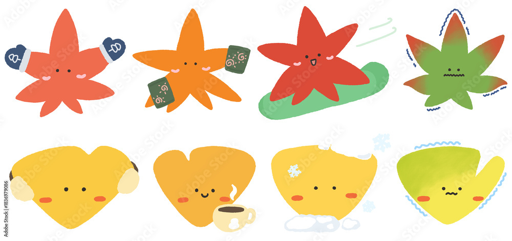Obraz premium Cute Winter Maple and Ginkgo Leaf Characters – Scarf, Hot Pack, Cocoa