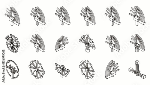 An organized array of intricate metallic mechanical components, including various gears, cogs, and specialized connectors, essential for engineering and industrial design.
