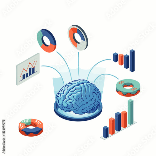 An isometric illustration depicts a human brain actively processing complex data visualizations, symbolizing advanced artificial intelligence and insightful analytics.