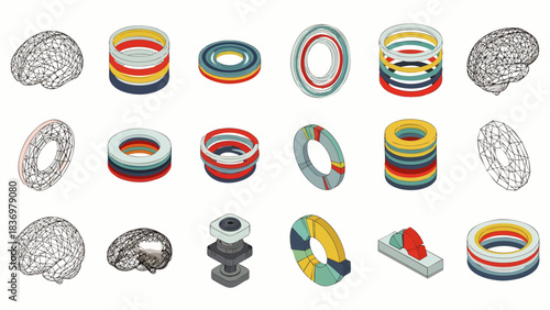 A vibrant collection of isometric 3D abstract shapes and wireframe brain models represents complex data visualization and technological concepts.