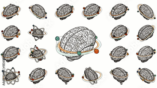 Diverse hand-drawn brain illustrations, some encircled by orbiting scientific elements, symbolize complex thought, innovation, and the intricate nature of human intellect.
