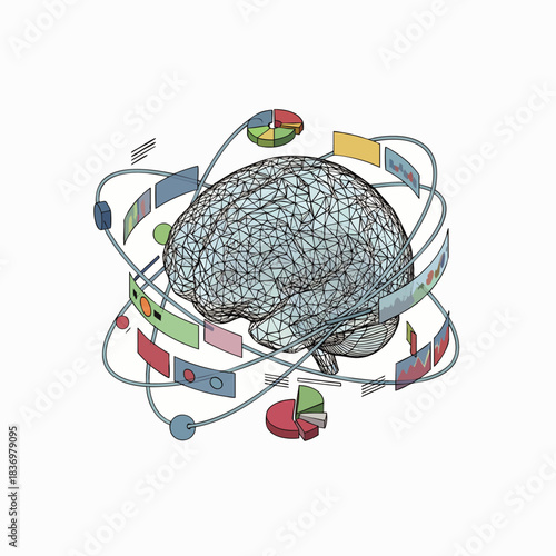 A sophisticated wireframe brain, surrounded by various orbiting data visualizations and analytical charts, symbolizes advanced cognitive processing and technological insight.