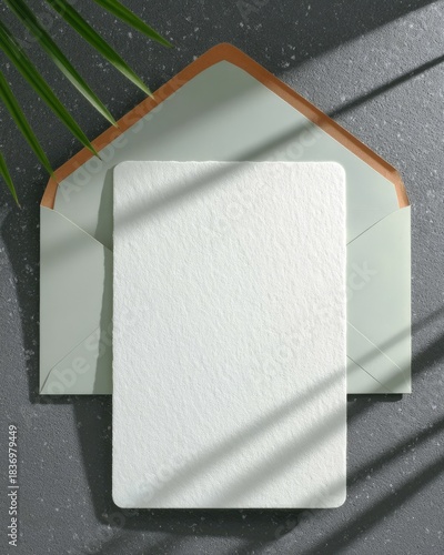 Elegant pale green envelope and blank white card with sparkling texture on dark glitter surface with palm leaf shadow effect and side lighting for stationery mockup