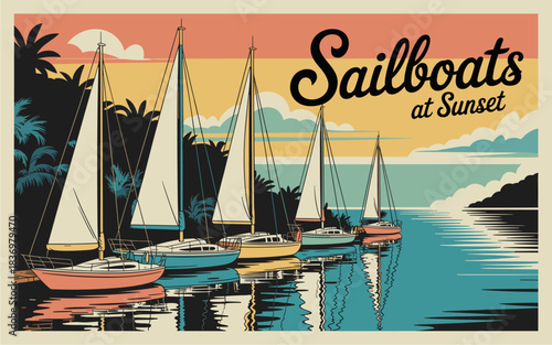 Landscape with sailboats docked on calm turquoise water with reflections, a wooden pier, and soft peach-to-blue sky gradient. vector illustration