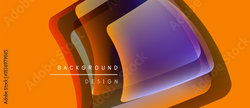 Abstract geometric shapes overlap, creating vibrant color gradients. Orange background complements purple, blue hues. Modern design element.