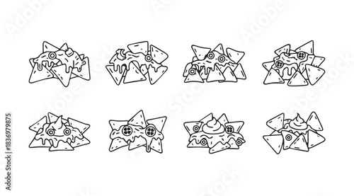 Artistic sketch of crunchy tortilla chips in piles isolated on white vector
