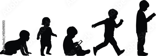 Child development silhouette, growth stages icon, early childhood progression, black illustration, behavioral milestone poses, learning and play concept, physical activity timeline