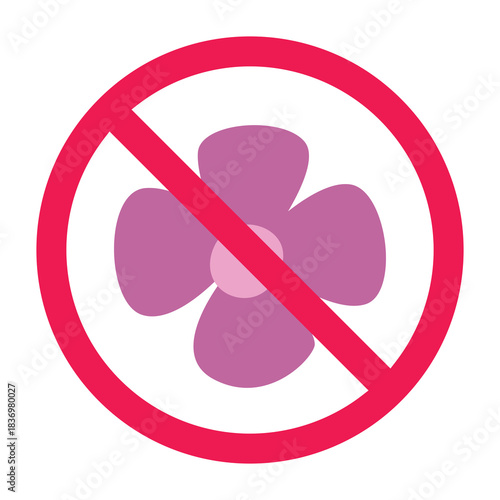 No flower sign, forbidden flower sign, no flowers allowed symbol, flower prohibited symbol, flat vector illustration, isolated on white background
