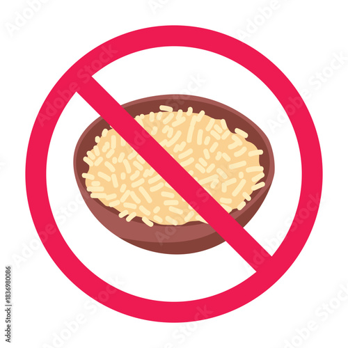 No rice sign, stop eating rice sign, prohibition rice icon, forbidden rice sign, flat vector illustration, isolated on white background
