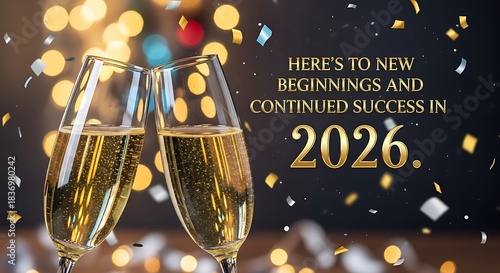 Champagne toast to new beginnings and continued success in 2026 with bokeh lights