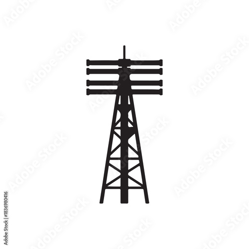 broadcast transmitter antenna icon in black flat design, isolated in white background
