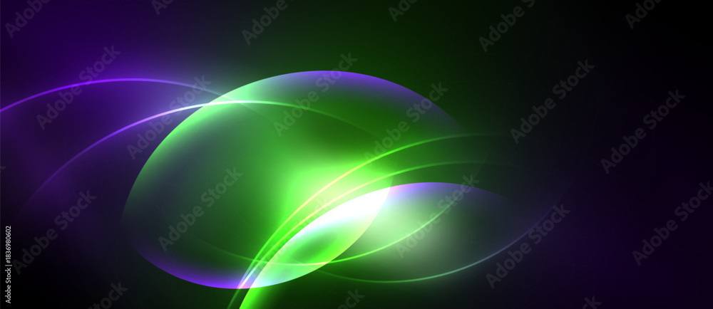 Naklejka premium Abstract glowing shapes overlap, creating vibrant green, purple hues. Dark background emphasizes luminosity, smooth transitions present.