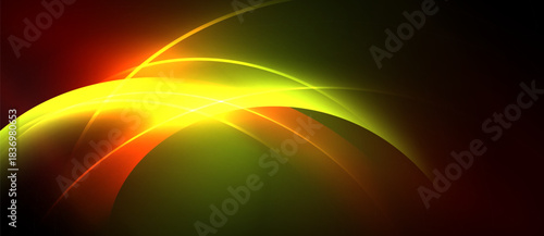 Abstract design features vibrant curves, gradients. Yellow, green, red hues blend into darkness. Dynamic, flowing shapes suggest energy, movement.